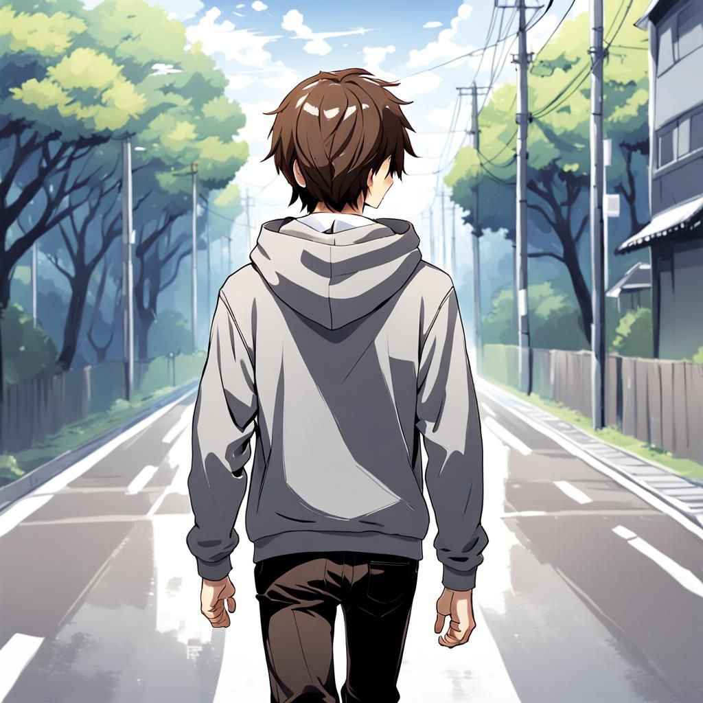 Anime Style Man Walks Away on Long Road