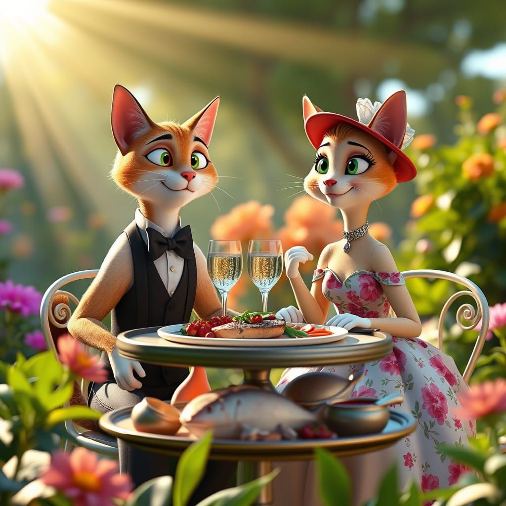 Elegant Feline Dinner Party in a Vibrant Garden