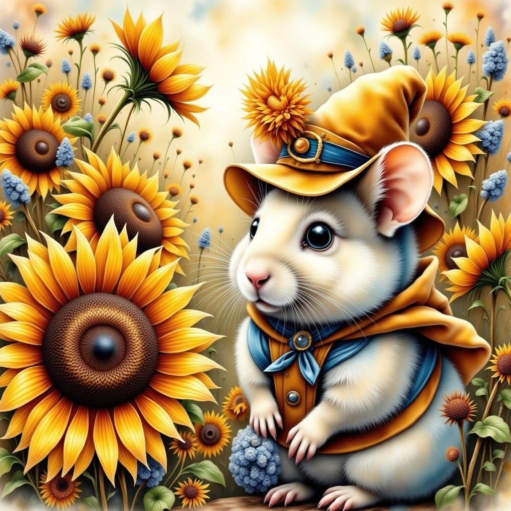 Gerbils in Whimsical Attire Climbing Sunflowers
