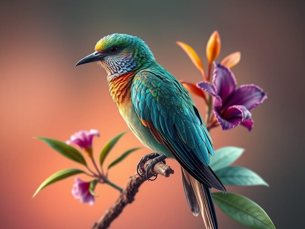 Vibrant Bird in Tropical Bloom, in a Dreamlike, Hyper-Realis...