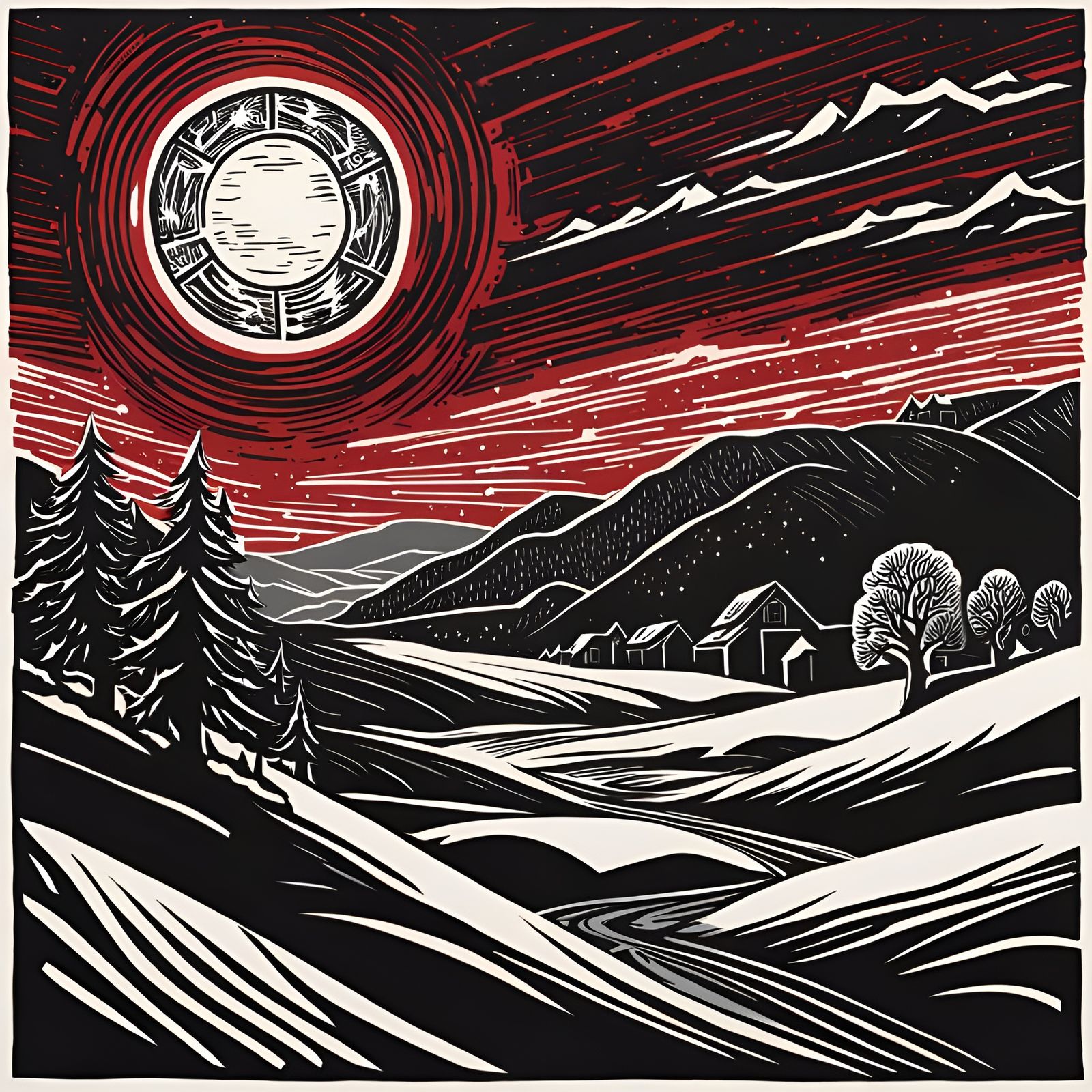Winter Solstice in Linocut Style: Black and Red