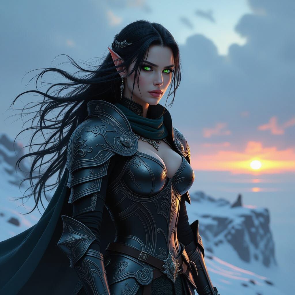 Elven Knight on Windswept Cliff Overlooking Battlefield