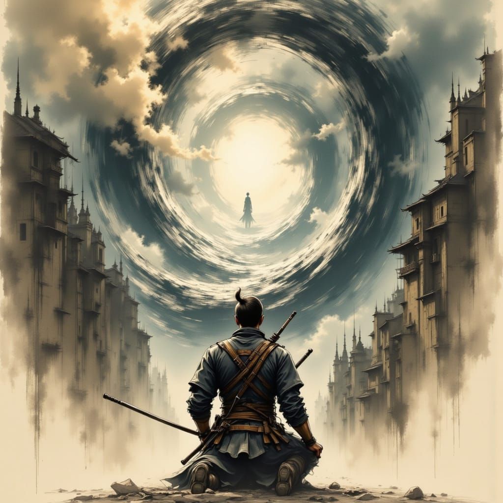 Steampunk Samurai Kneeling Before Temporal Vortex