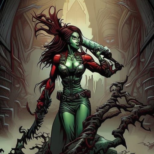 Beautiful female zombie eating a severed limb