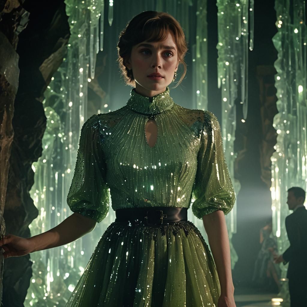 Woman in Lavish Ballroom with Dramatic Lighting