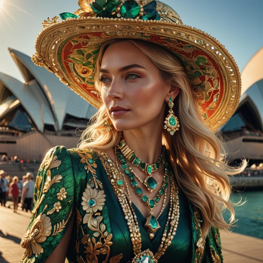 Blonde Woman in Emerald Hat at Sydney Opera House