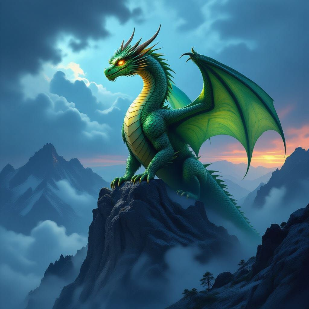 Majestic Dragon on Mountain Peak in Stormy Twilight