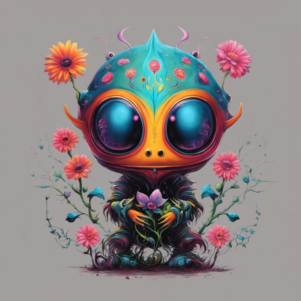 Cute Alien with Flower in Pop Surrealist Style