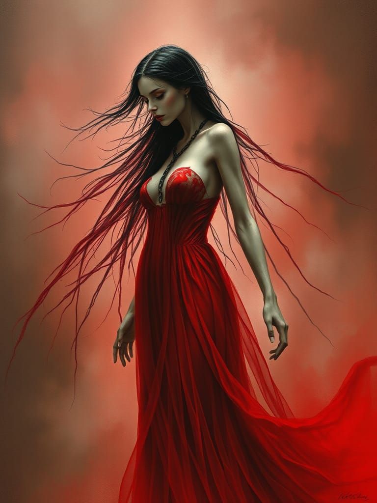 Gothic Albino in Flowing Crimson Dress
