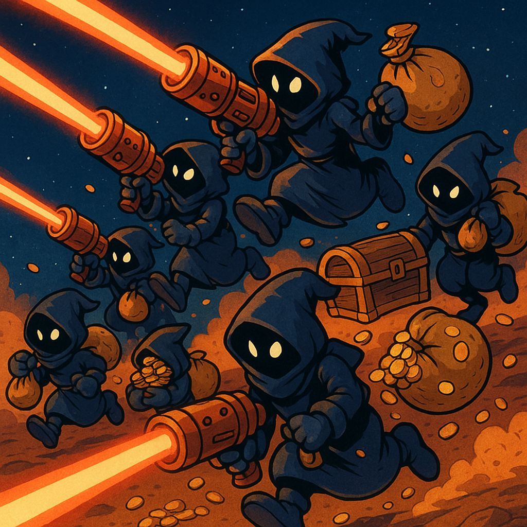 Hooded Gremlins Fleeing with Gold and Laser Guns