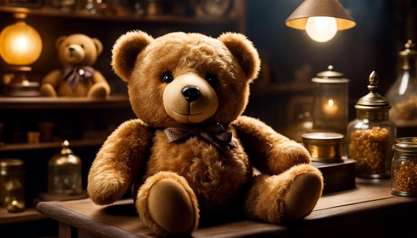 Surreal Teddy Bear in Antique Shop, Photorealistic Style