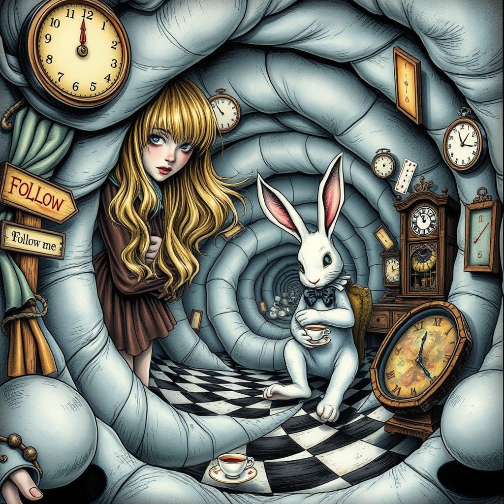 Dreamlike Psychedelic Wonderland with a White Rabbit