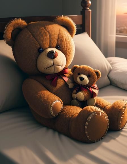 Epic Teddy Bear Portrait at Sunset on Child's Bed