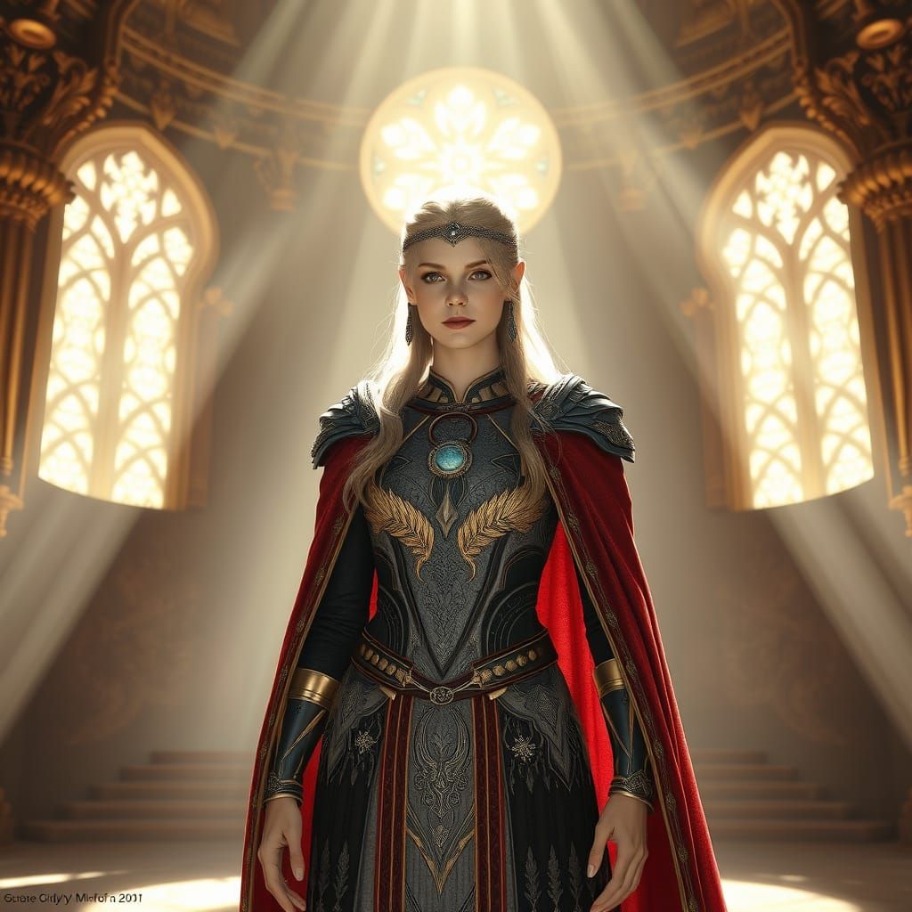 Elven Woman in Sunlit Chamber: Digital Art