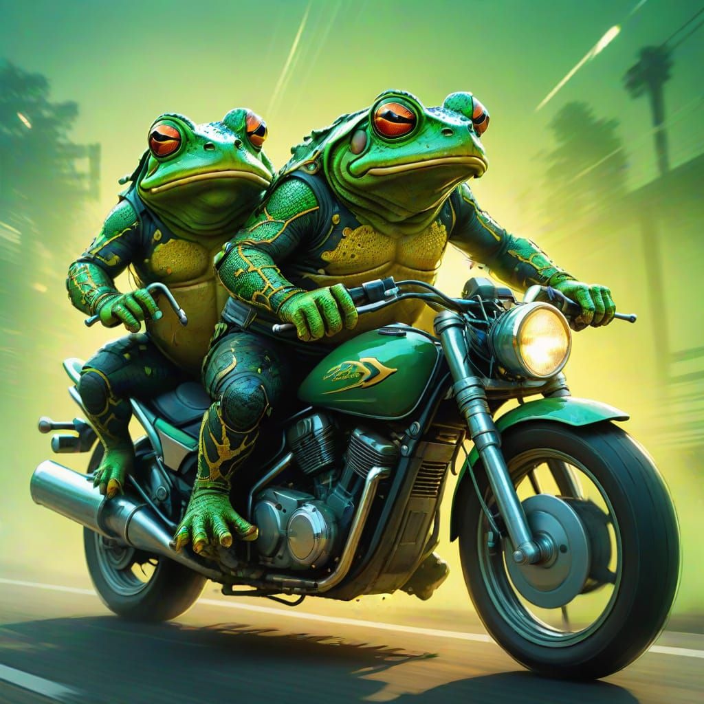 Toads Ride Motorcycle in Comic Book Style