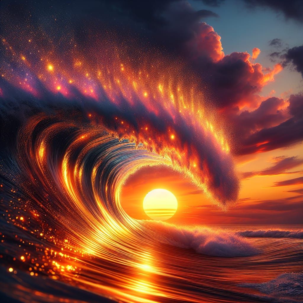 Fiery Sunset Wave on a Tranquil Beach