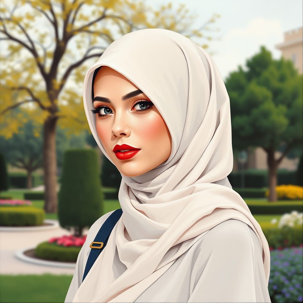 Minimalist Oil Painting of a Beautiful Hijabi in Garden
