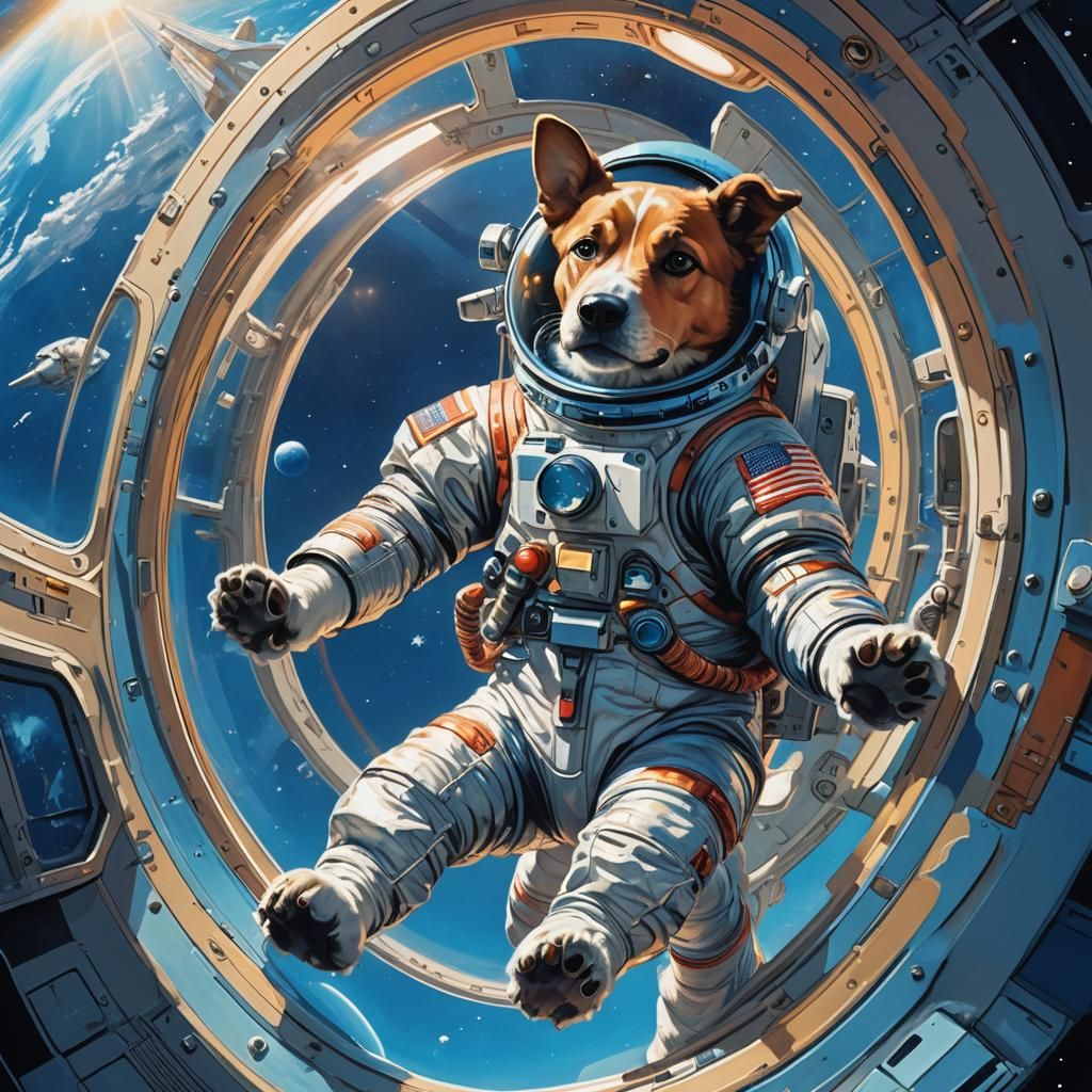 Dog Astronaut Floats in Space: Moebius-Inspired Digital Art