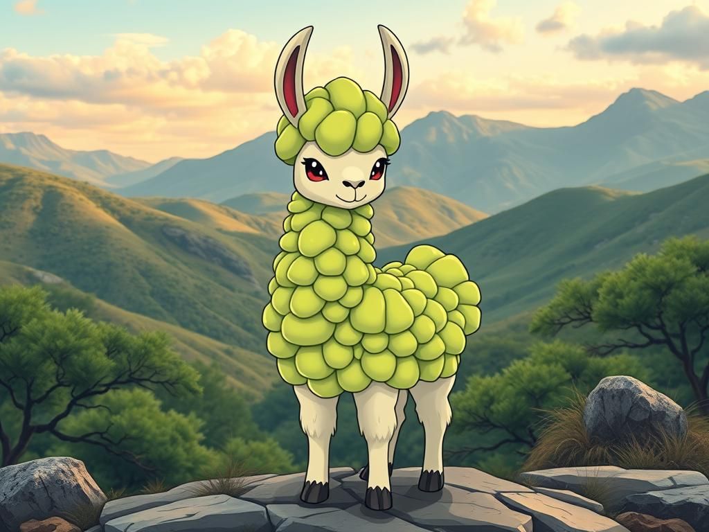 Green Cauliflower Llama Pokémon Mascot in Trading Card Style
