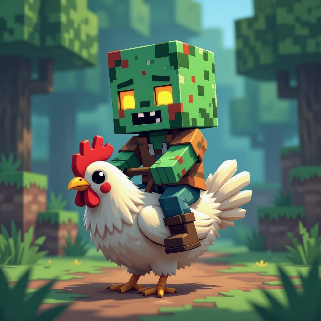 Baby Zombie Jockey Riding Chicken in Pixelated Minecraft Wor...