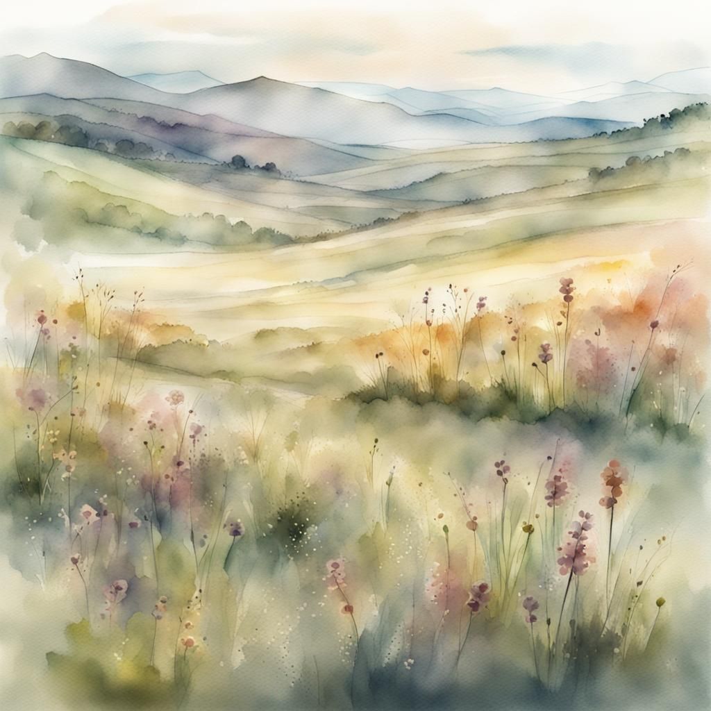 Wildflower Grasslands with Rolling Hills Expansive, Watercol...