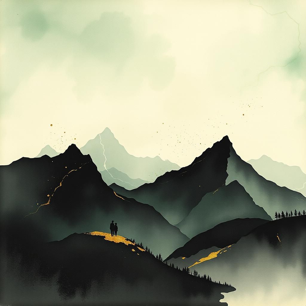 Ethereal Mountain Landscape in Ink Wash Technique