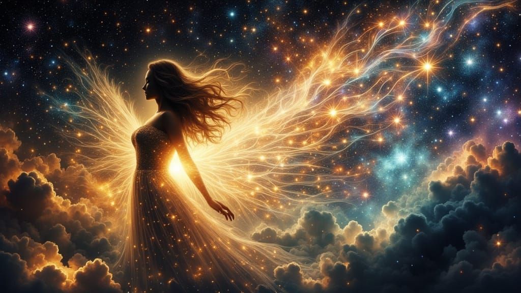 Radiant Celestial Being Drifting Through Nebula
