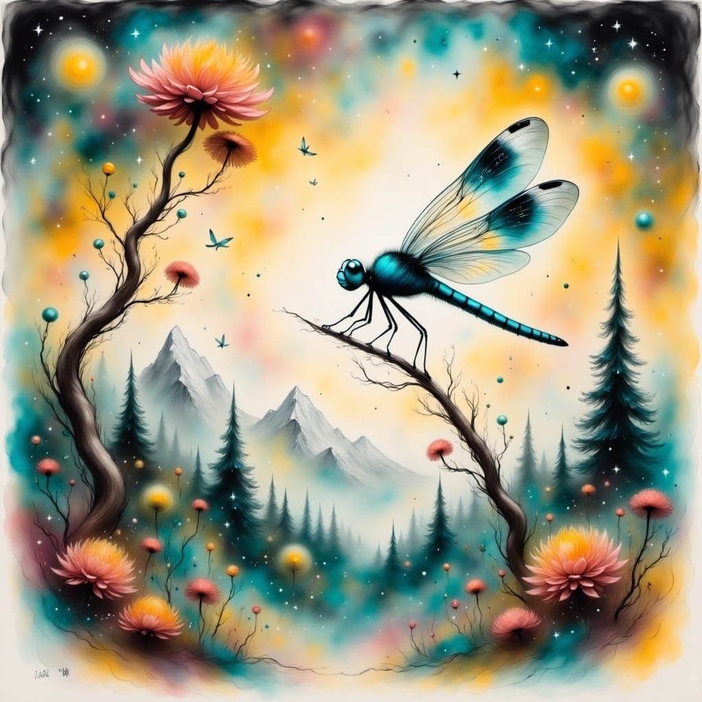 Whimsical Dragonfly Perched on a Golden Branch in a Dreamy F...
