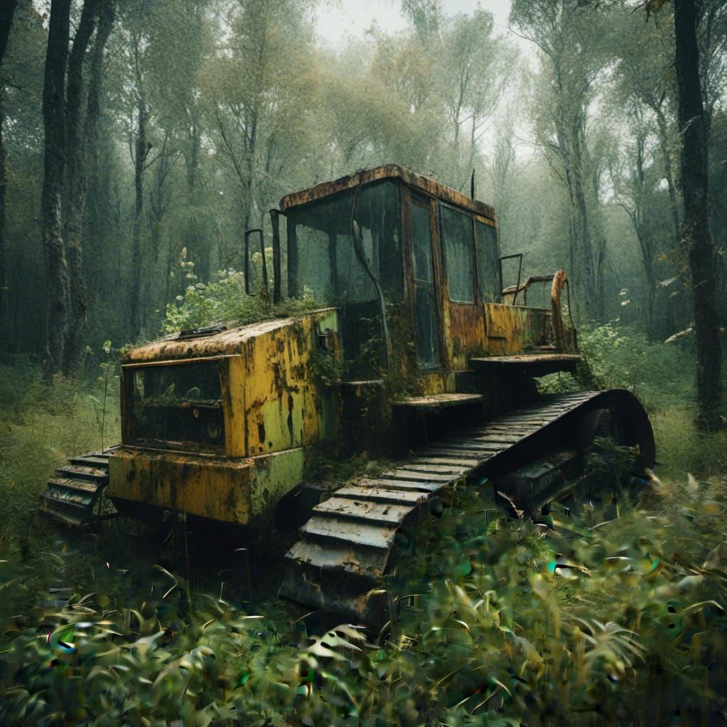 Abandoned Bulldozer and Camper in Overgrown Forest