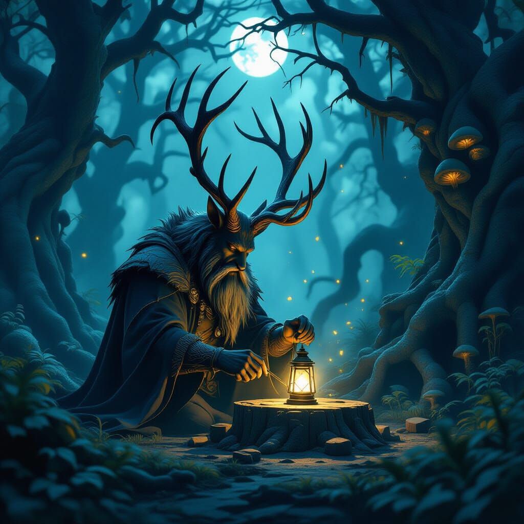 Majestic Stag Carving Forest Sculptures in Moonlight