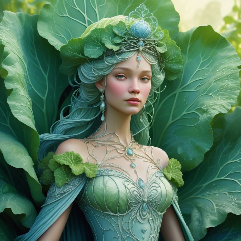 Cabbage Princess in Magical Garden Art Nouveau Style