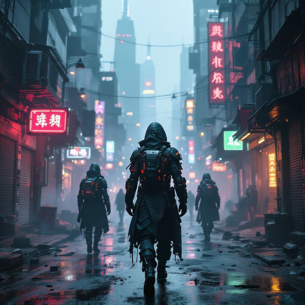 Dystopian Cyberpunk Cityscape with Augmented Humans
