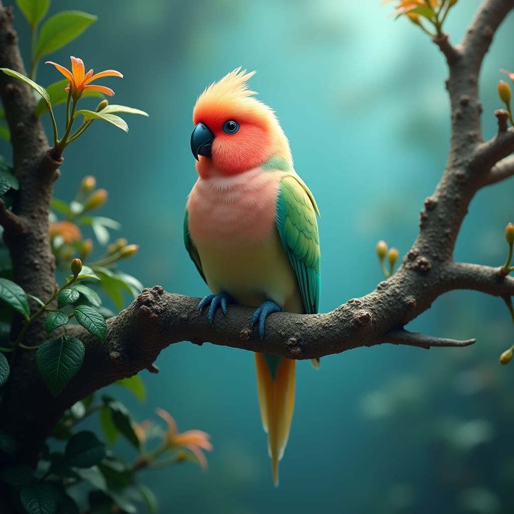 Peach-Faced Lovebird in a Mystical Landscape