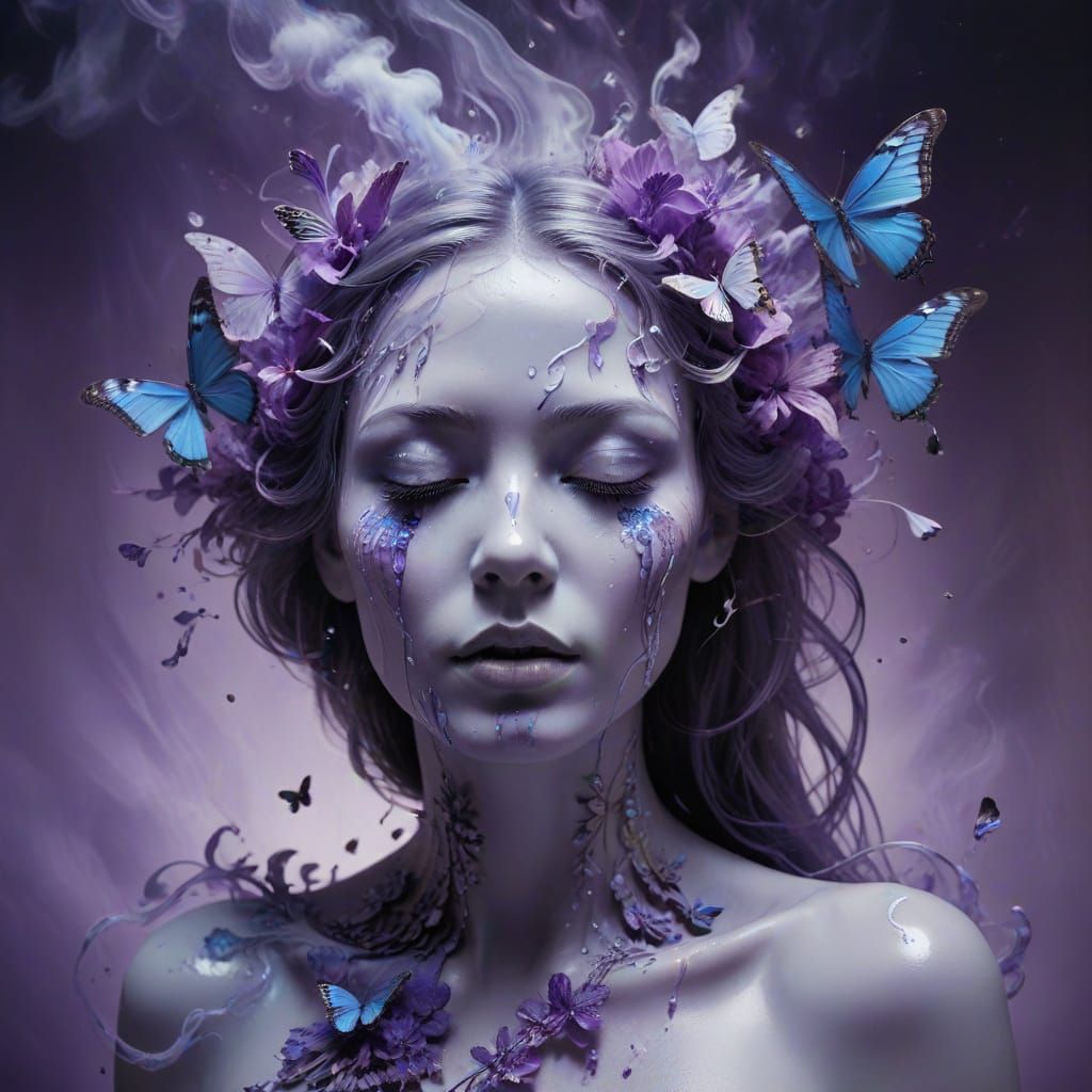Surreal Face Melting into Smoke with Butterflies