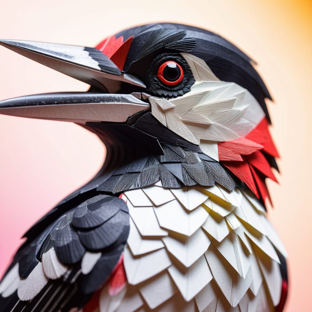 Papercraft Great Spotted Woodpecker Close-Up in Origami Styl...