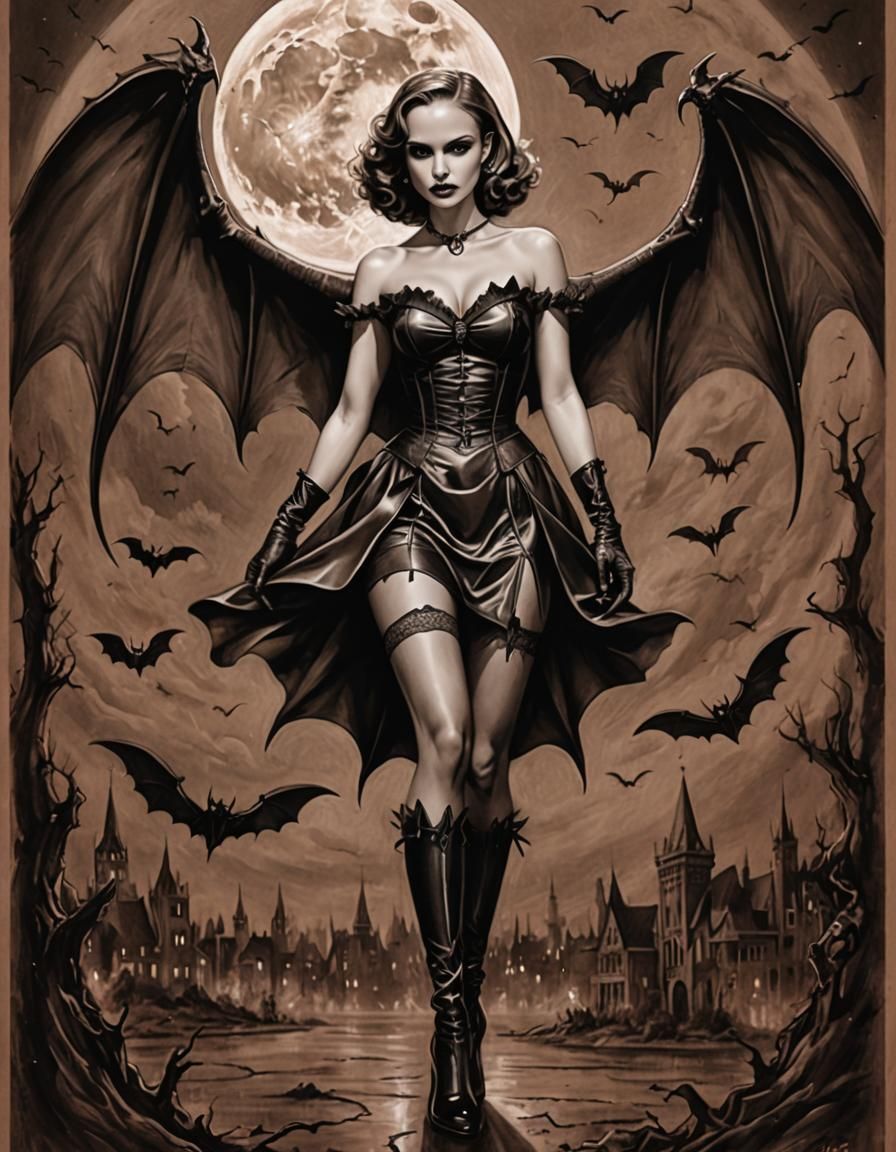 Vampire Pin-Up with Demonic Wings in Charcoal
