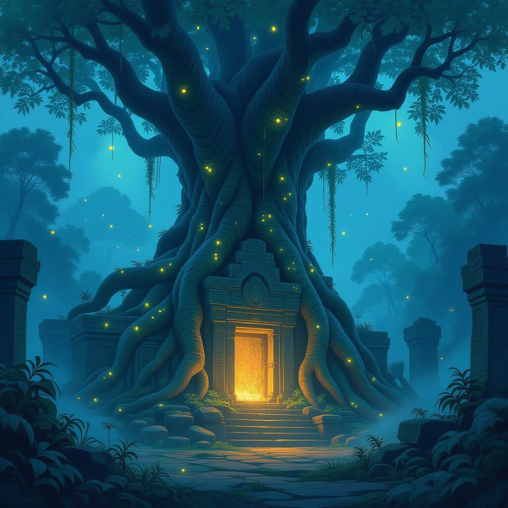 Ancient Tree Roots Embrace Temple in Misty Jungle, Ghibli St...