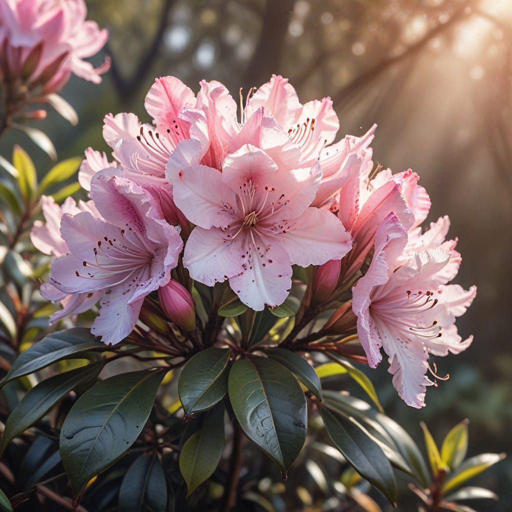 Rhododendron Flowers in Morning Sunlight: Watercolor