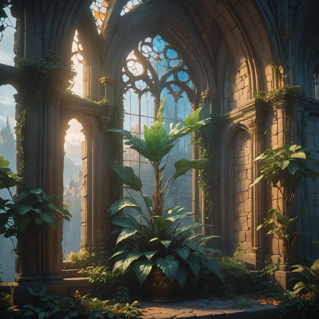 Glowing Plant on Castle Window in Matte Painting Style
