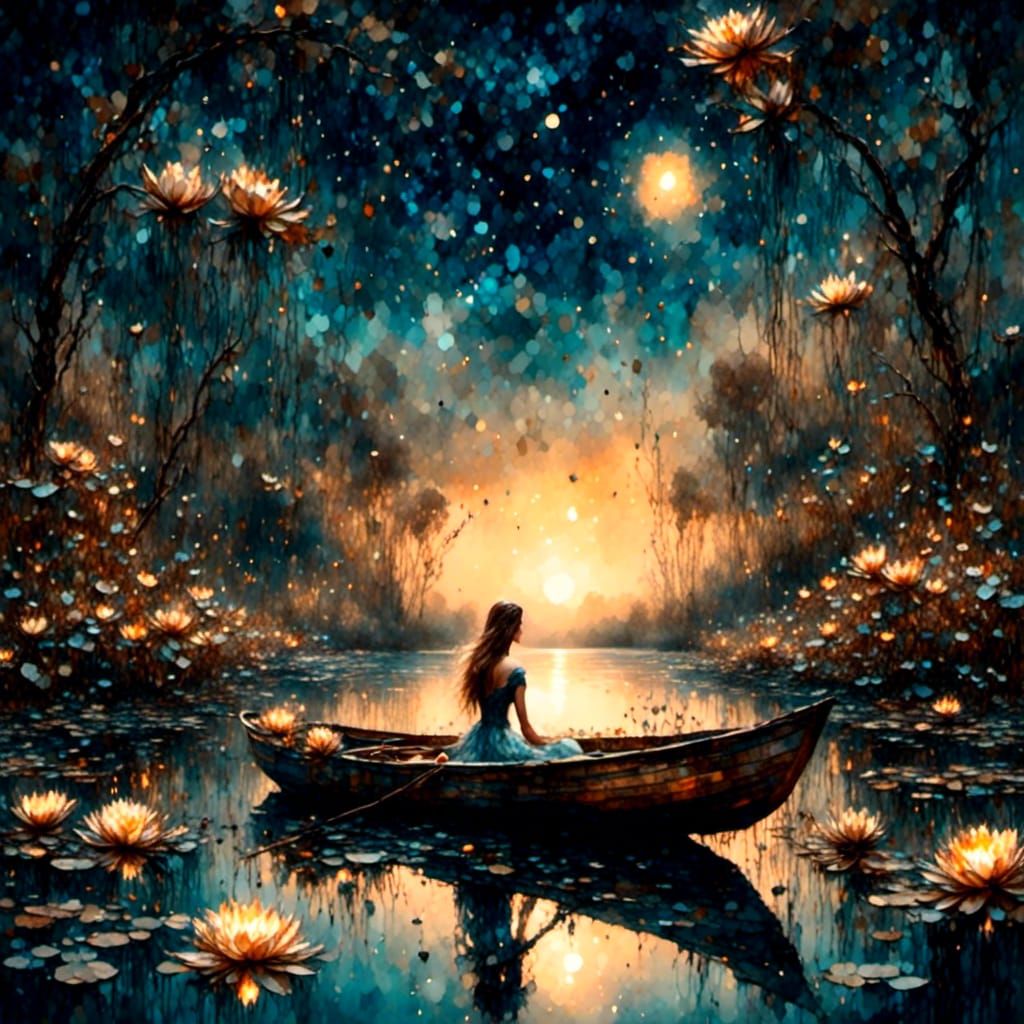 Woman in Boat Under Galaxy Sky: Surreal Digital Art