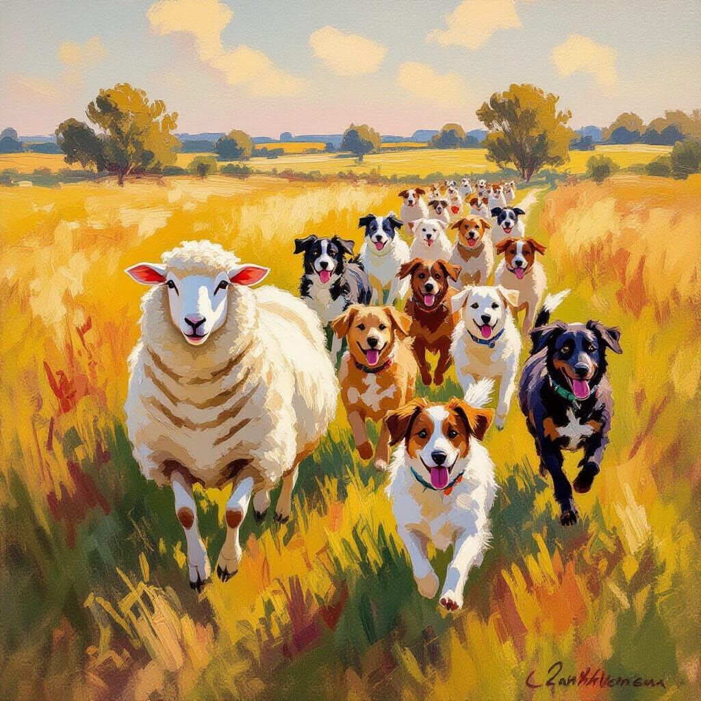 Impressionist Sheep Flock Leads Dogs in Golden Hour Light