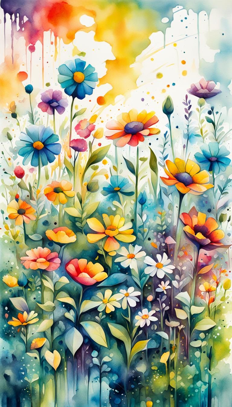 Cubist Flower Meadow: Watercolor Graffiti Art