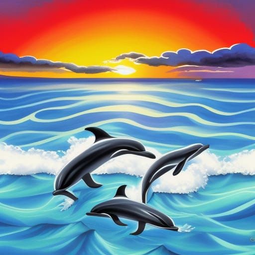 Romantic Gouache Painting of Dolphins on Hawaii Beach