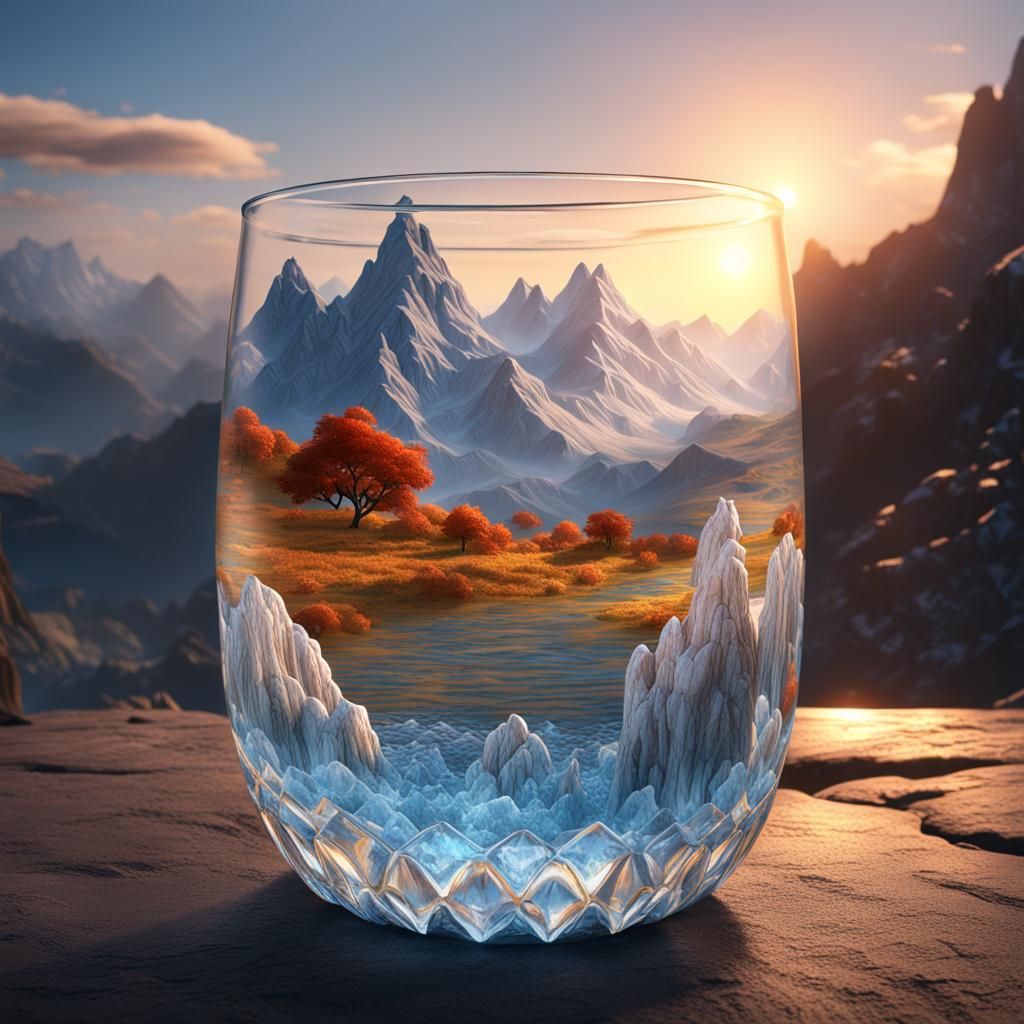 Mountains and Sunrise Reflected in Glass of Water