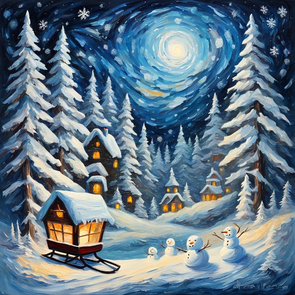 Impasto Cascade Hallucination winterscape ghostly snowman sleigh deep forest night