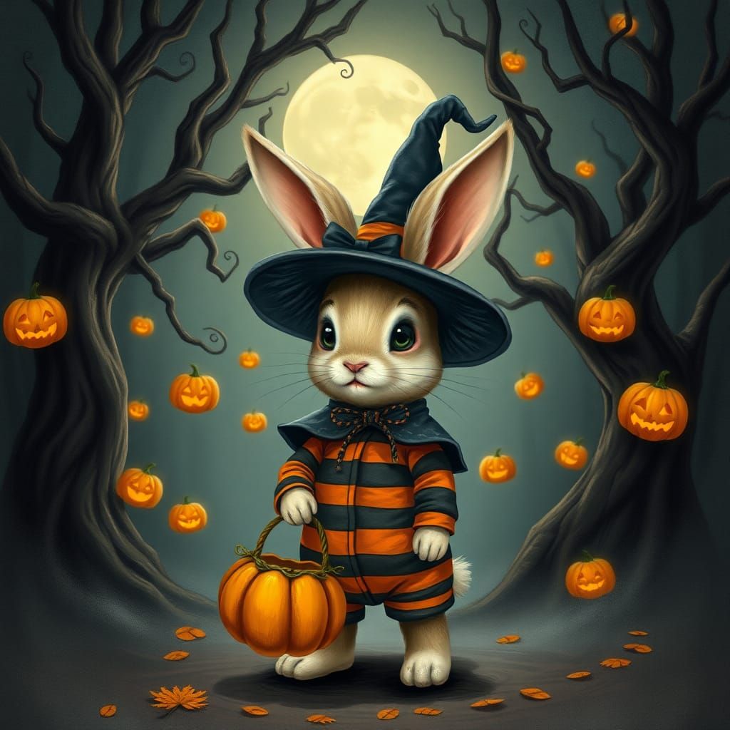 Halloween Bunny in Spooky Forest Illustration