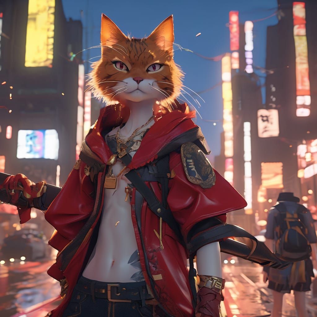 Cat Warrior with Scissor Sword in Anime Style