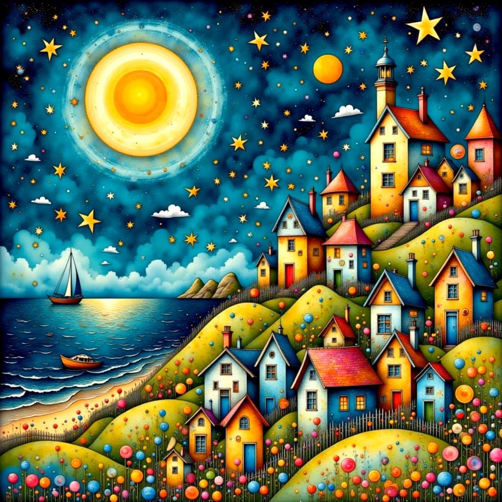 Colorful Cornwall Town in Folk Art Style