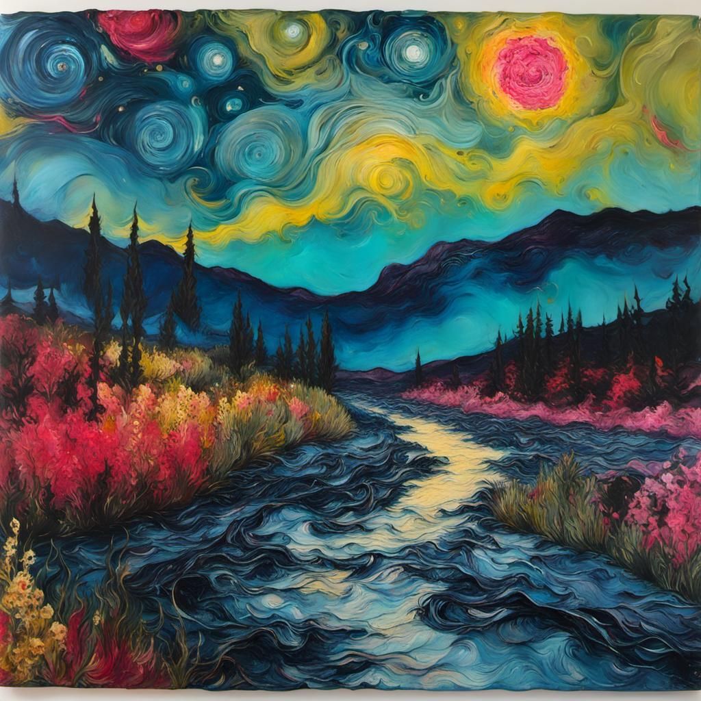Hot Pink Encaustic Landscape Inspired by Van Gogh