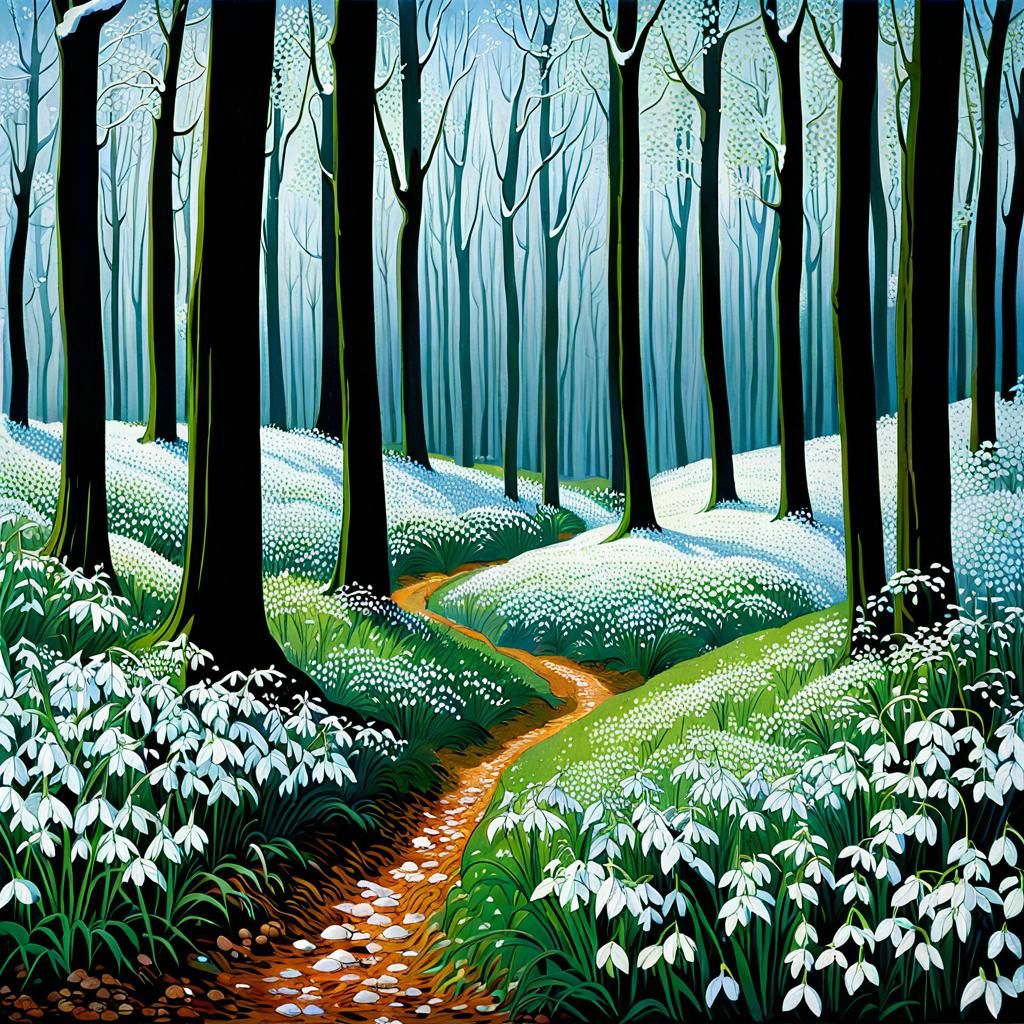 Spring Forest Snowdrops in Vintage Poster Style